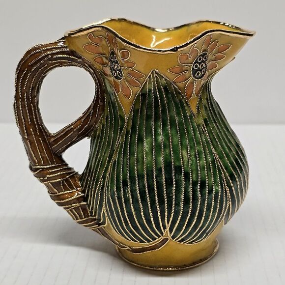Vintage Oriental Enameled Cloisonne Vase, Decorative Floral Creamer Pitcher - Picture 1 of 8